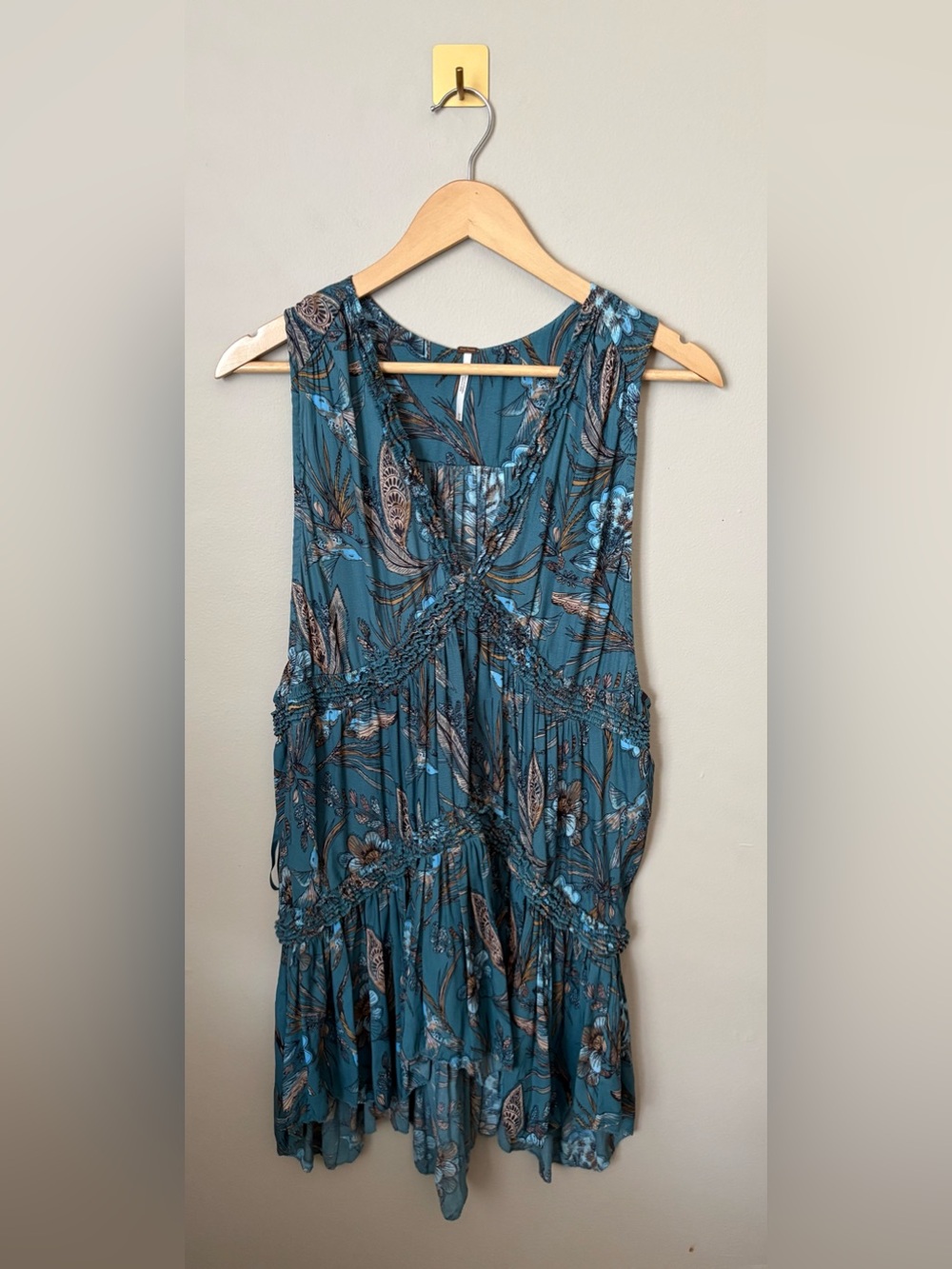 Medium Free People Teal Hummingbird‎ Ruffled V-neck Tunic
